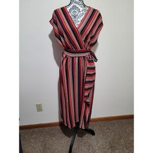 Mlle Gabrielle Faux Wrap Maxi Dress Womens Large Red Orange Striped